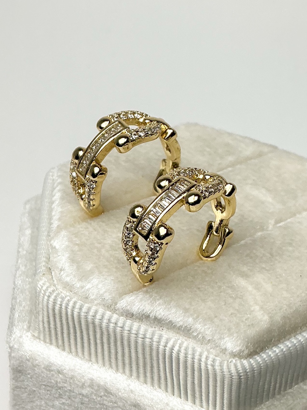 Chunky Gold Huggies  CZ Pave Hoop Earrings Chain Link